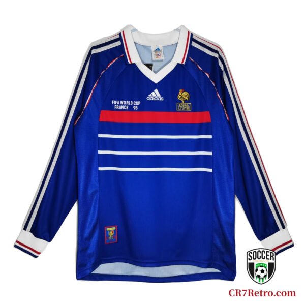1998 France World Cup Home long sleeve Jersey – Classic white away shirt worn by the French national team during their historic 1998 World Cup victory.