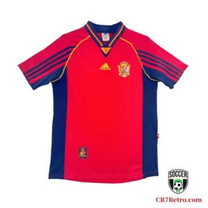 1998 Spain Home Red Retro Jersey – Classic La Roja football shirt, vintage design with national team crest.