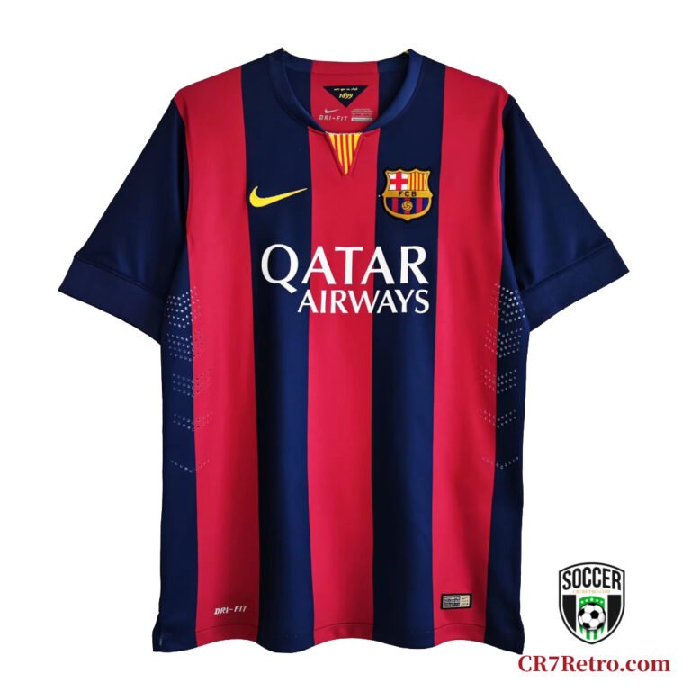 2014/15 Barcelona Home Messi #10 Jersey, worn by Lionel Messi during the 2014/15 season, featuring the iconic FC Barcelona colors and Messi's legendary #10.