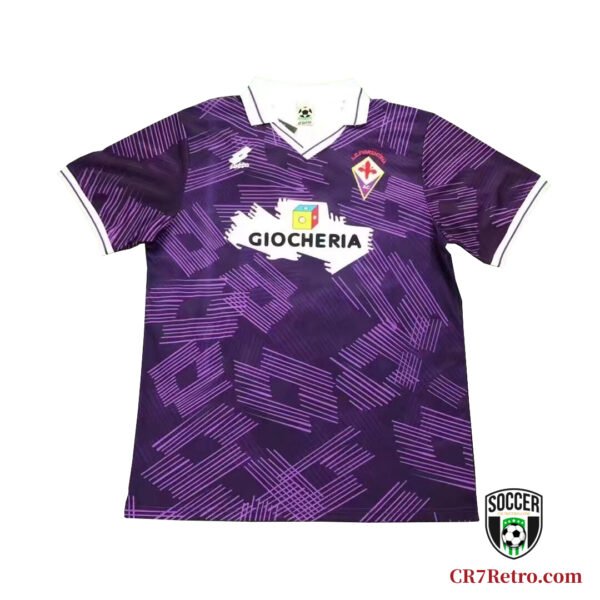 91-92 Fiorentina home retro jersey, featuring signature purple design and classic sponsor logo, perfect for collectors.