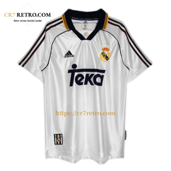 1998/00 Real Madrid home retro jersey featuring classic white design and club crest. Ideal for football fans and collectors.