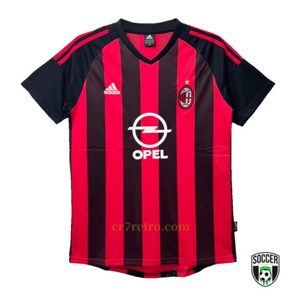 AC Milan 2002/03 home jersey featuring Maldini, Pirlo, and Shevchenko retro football shirt